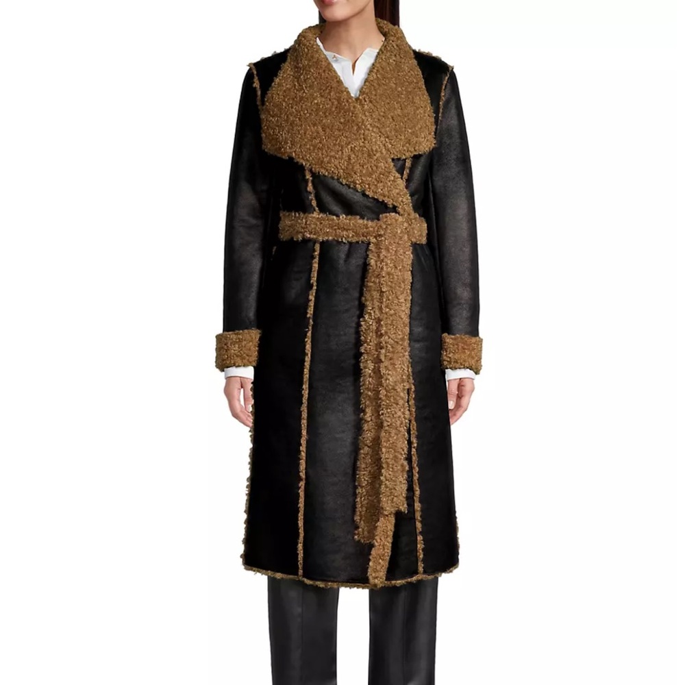 DONNA KARAN - Faux-Fur-Trimmed Vegan-Leather Tie-Waist Coat